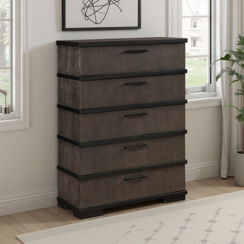 Acy Tall Dresser Chest | 5 Drawer Bar Handles | Brownish Gray Black