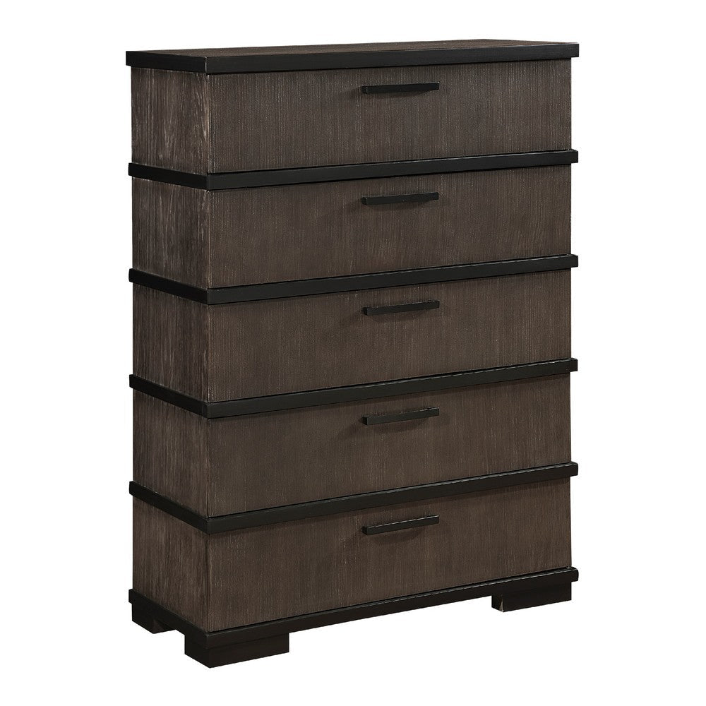 Acy Tall Dresser Chest | 5 Drawer Bar Handles | Brownish Gray Black