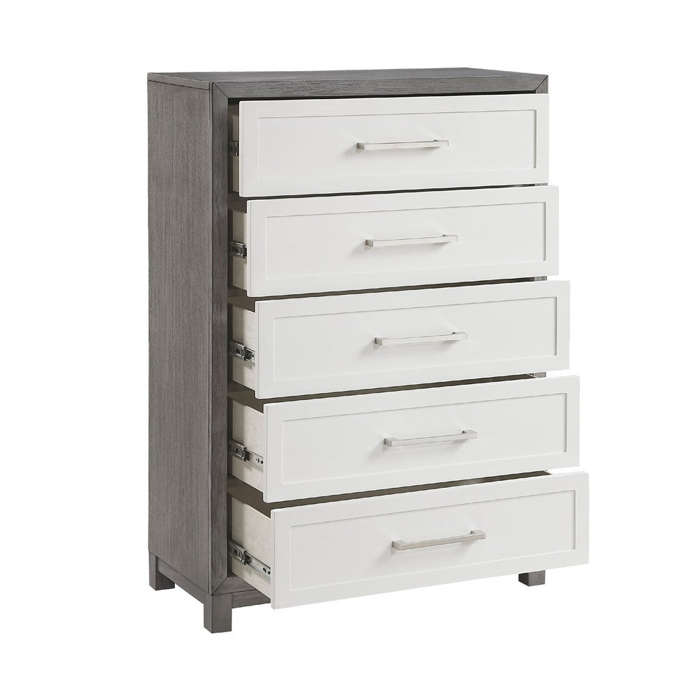 Rowy Tall Dresser Chest | 5 Drawer Bar Handles | Ivory and Gray Veneer BM335924