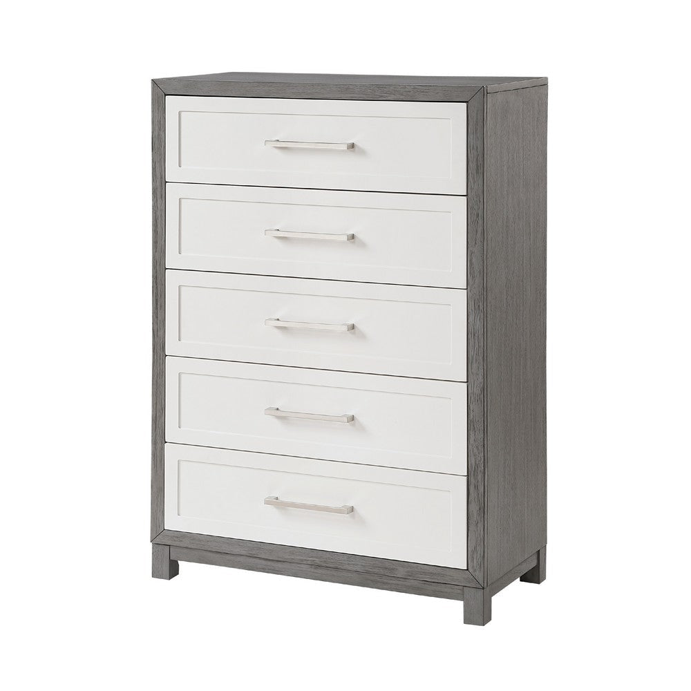 Rowy Tall Dresser Chest | 5 Drawer Bar Handles | Ivory and Gray Veneer BM335924