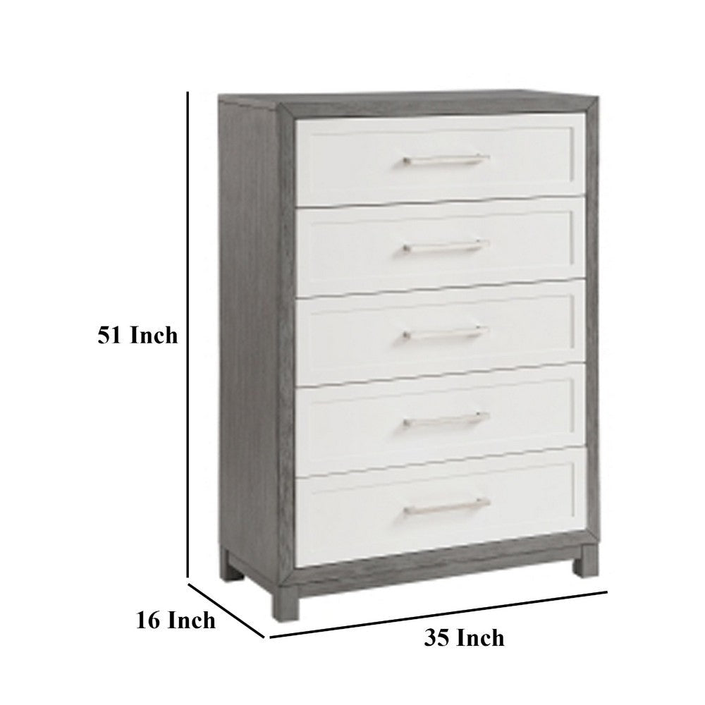 Rowy Tall Dresser Chest | 5 Drawer Bar Handles | Ivory and Gray Veneer BM335924