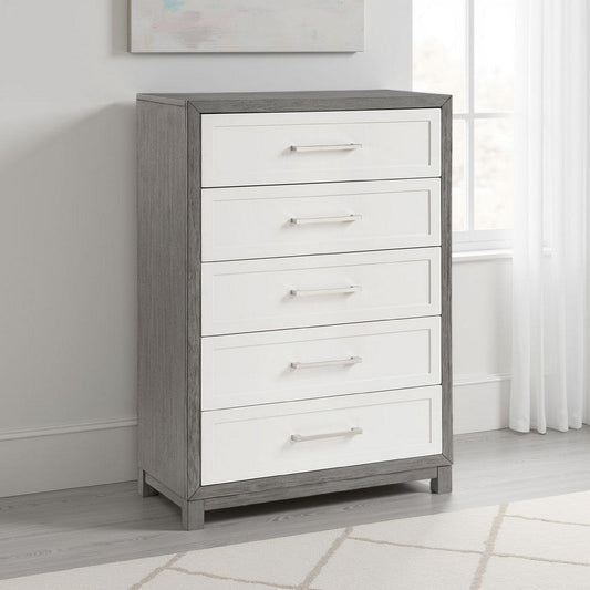 Rowy Tall Dresser Chest | 5 Drawer Bar Handles | Ivory and Gray Veneer