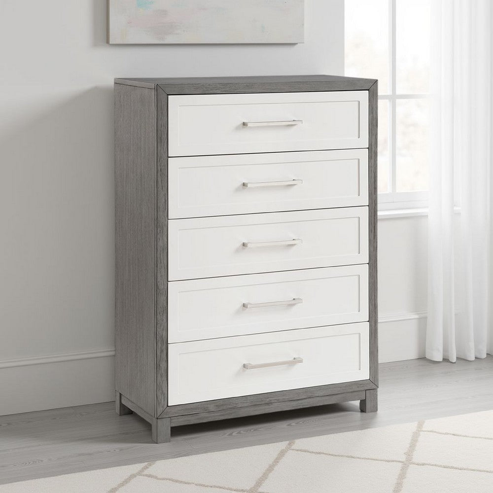 Rowy Tall Dresser Chest | 5 Drawer Bar Handles | Ivory and Gray Veneer
