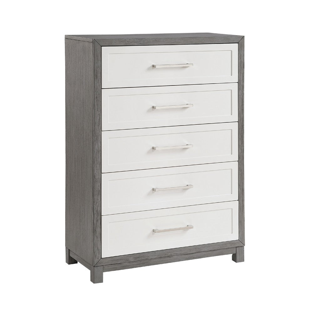 Rowy Tall Dresser Chest | 5 Drawer Bar Handles | Ivory and Gray Veneer
