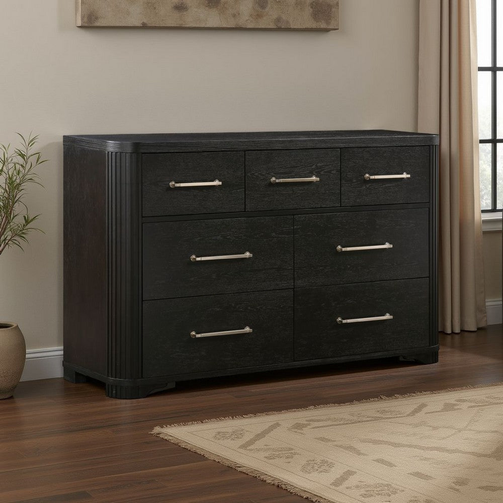 Chas 62" Dresser | 7 Drawers Brass Bar Handles | Charcoal Black Wood