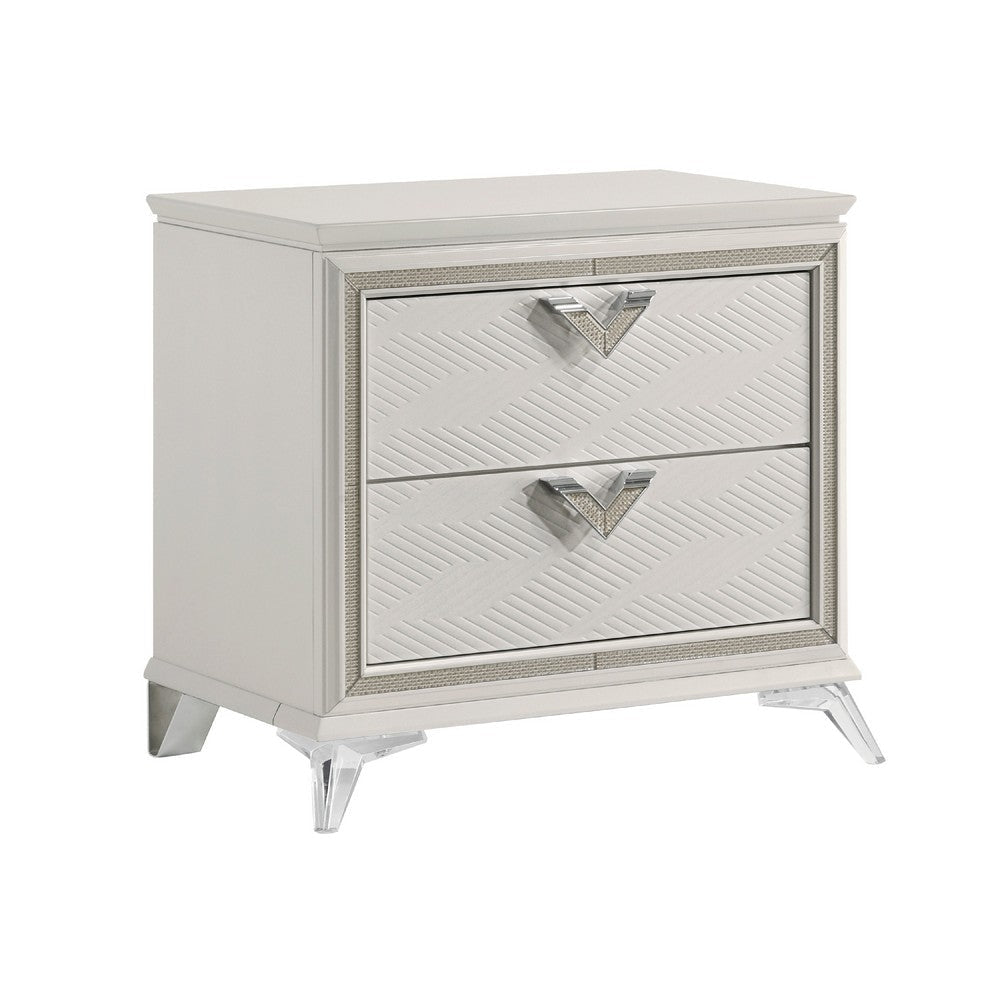 Dery Nightstand | 2 Drawers Chrome Triangle Handles | Gold White Wood