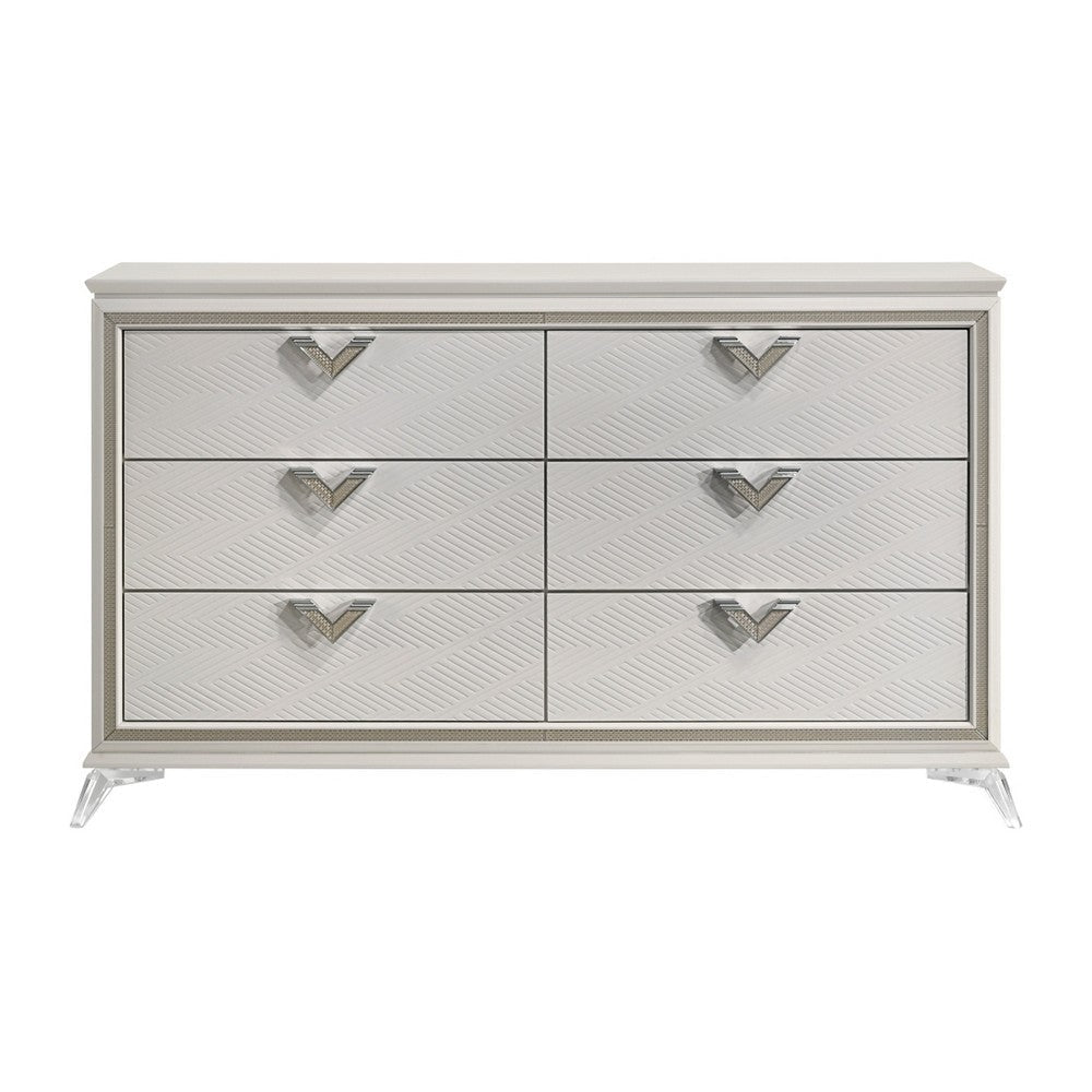 Dery 65’’ Dresser | 6 Drawers Chrome Triangle Handle | White and Gold BM335929