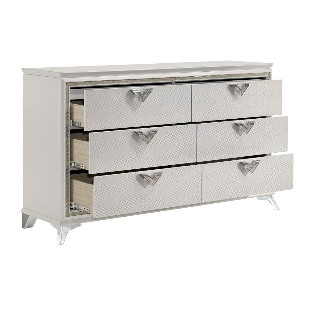 Dery 65’’ Dresser | 6 Drawers Chrome Triangle Handle | White and Gold BM335929