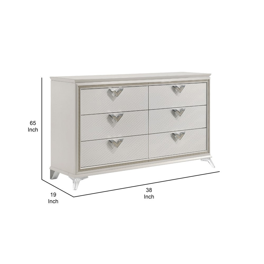 Dery 65’’ Dresser | 6 Drawers Chrome Triangle Handle | White and Gold BM335929