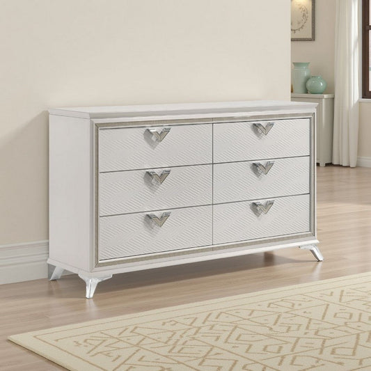 Dery 65" Dresser | 6 Drawers Chrome Triangle Handle | White and Gold