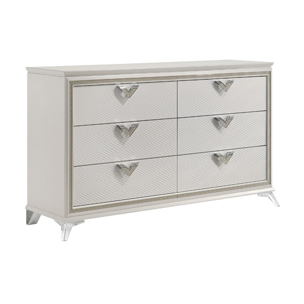 Dery 65" Dresser | 6 Drawers Chrome Triangle Handle | White and Gold