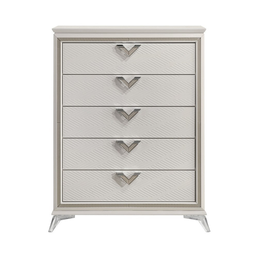 Dery Tall Dresser Chest | 5 Drawer Chrome Angled Handles | White Gold BM335930