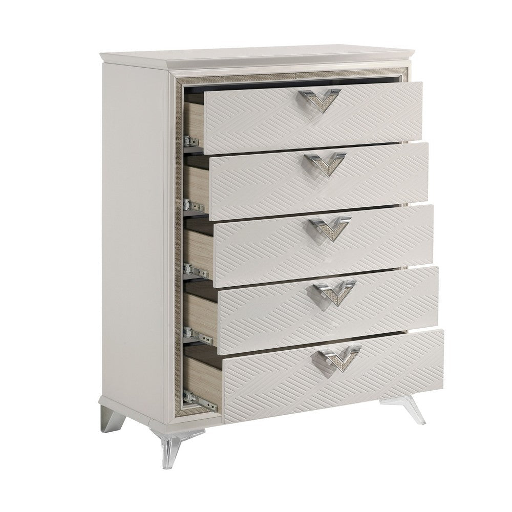 Dery Tall Dresser Chest | 5 Drawer Chrome Angled Handles | White Gold BM335930