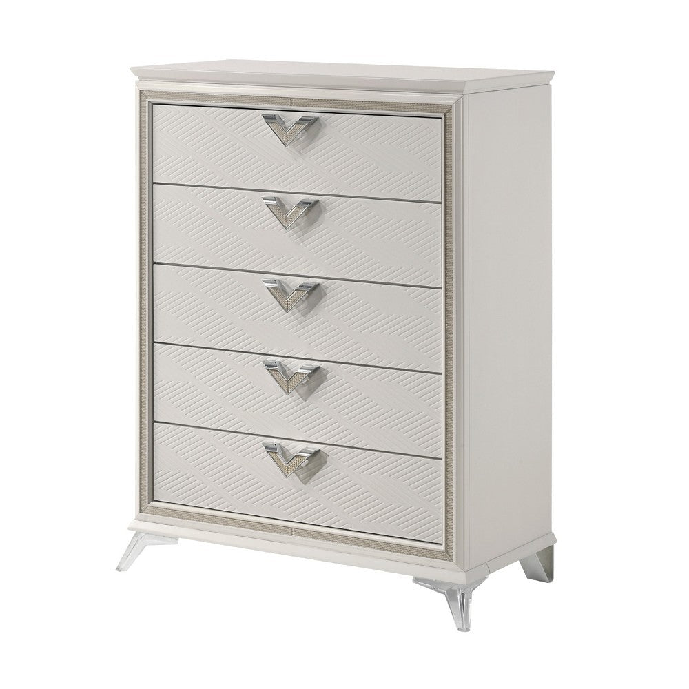 Dery Tall Dresser Chest | 5 Drawer Chrome Angled Handles | White Gold BM335930