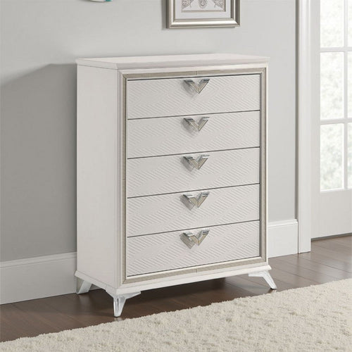 Dery Tall Dresser Chest | 5 Drawer Chrome Angled Handles | White Gold