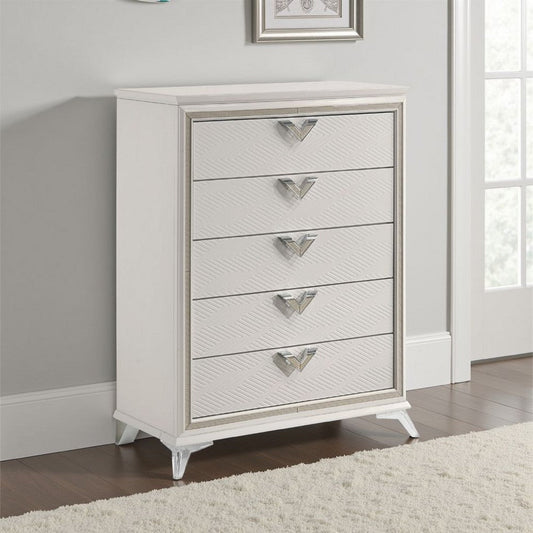 Dery Tall Dresser Chest | 5 Drawer Chrome Angled Handles | White Gold