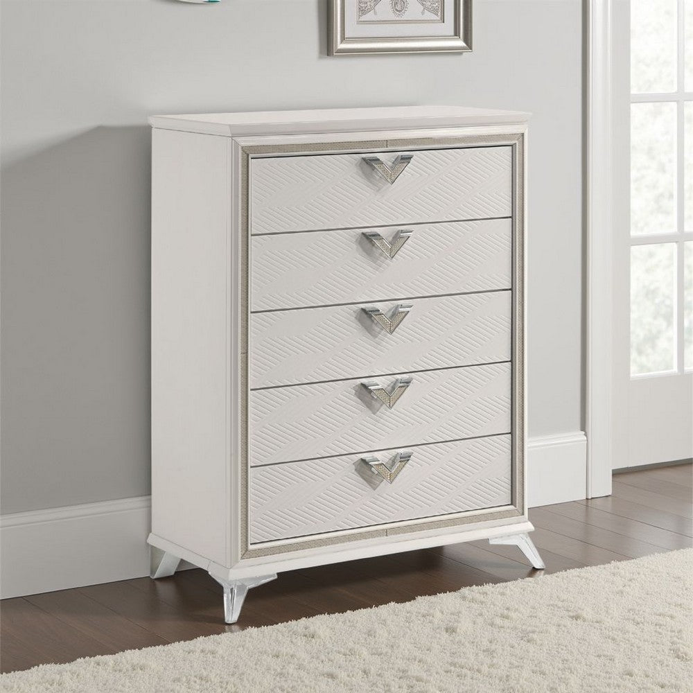 Dery Tall Dresser Chest | 5 Drawer Chrome Angled Handles | White Gold