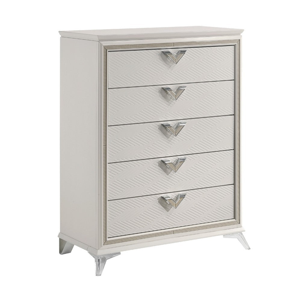 Dery Tall Dresser Chest | 5 Drawer Chrome Angled Handles | White Gold