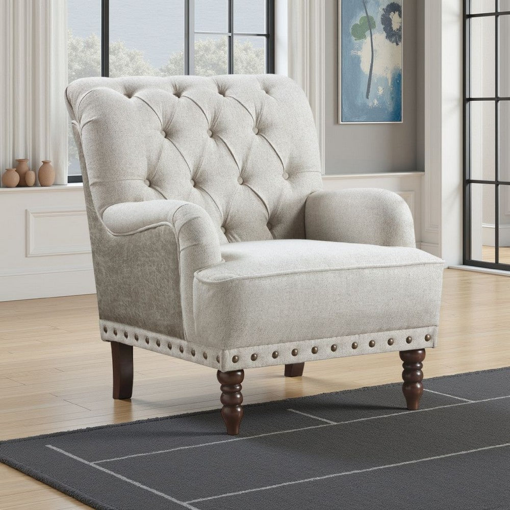Zeya Accent Armchair | Button Tufted Beige Textured Polyester | Brown