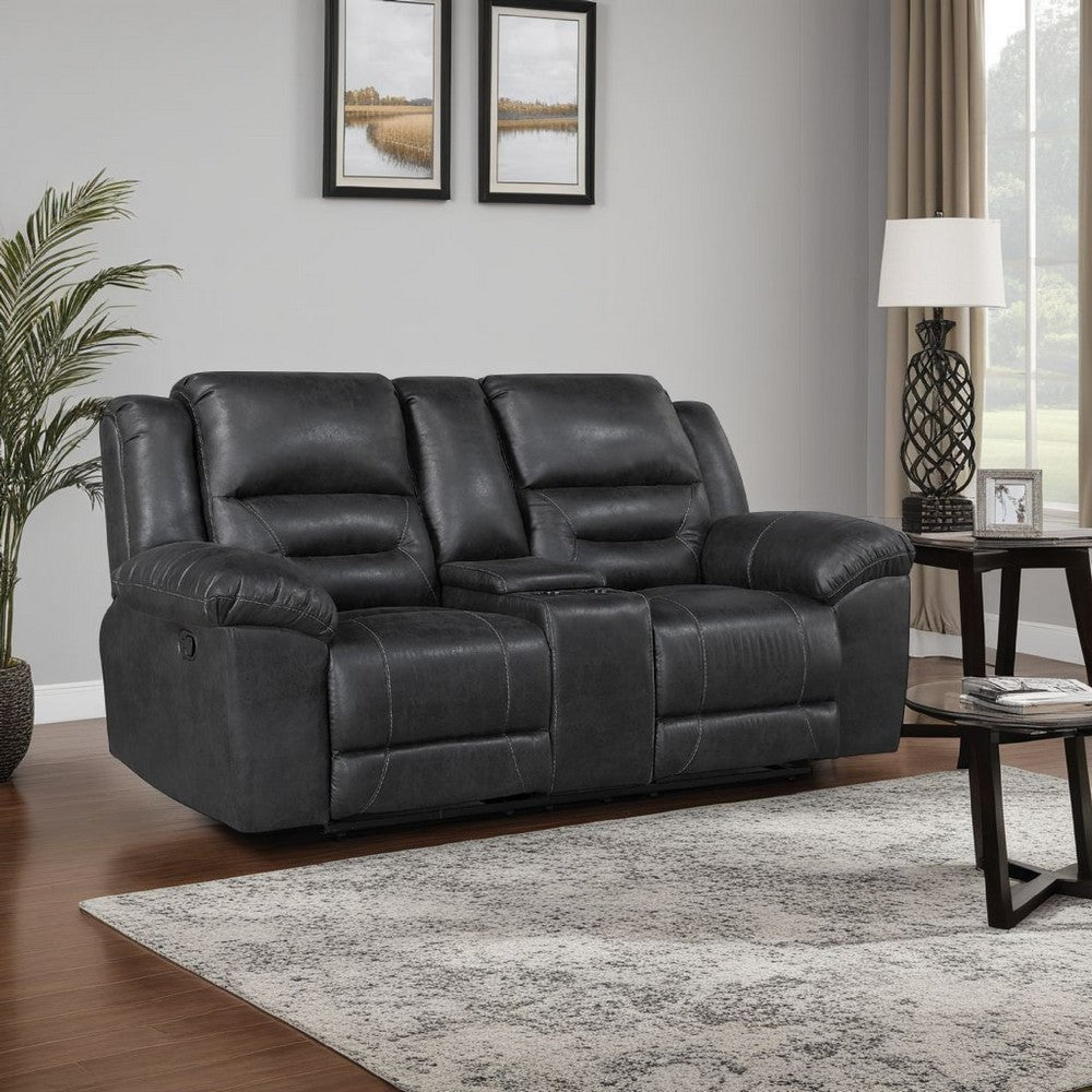 Henry Manual Double Reclining Loveseat w Console | Black Microfiber