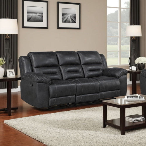 Henry Manual Double Reclining Sofa in Pillow Tufted Black Microfiber
