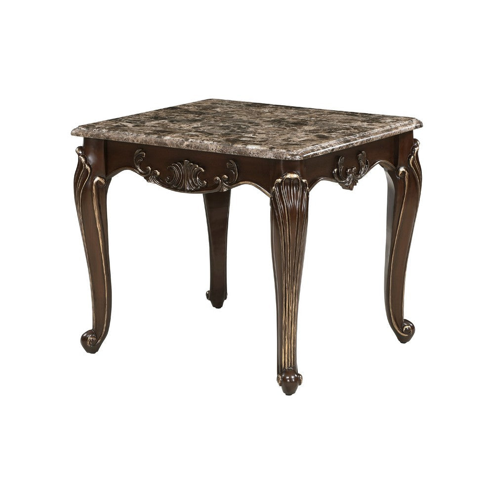 Hesar Side End Table | 28’’ Marble | Cherry Brown Wood Cabriole Legs BM335954