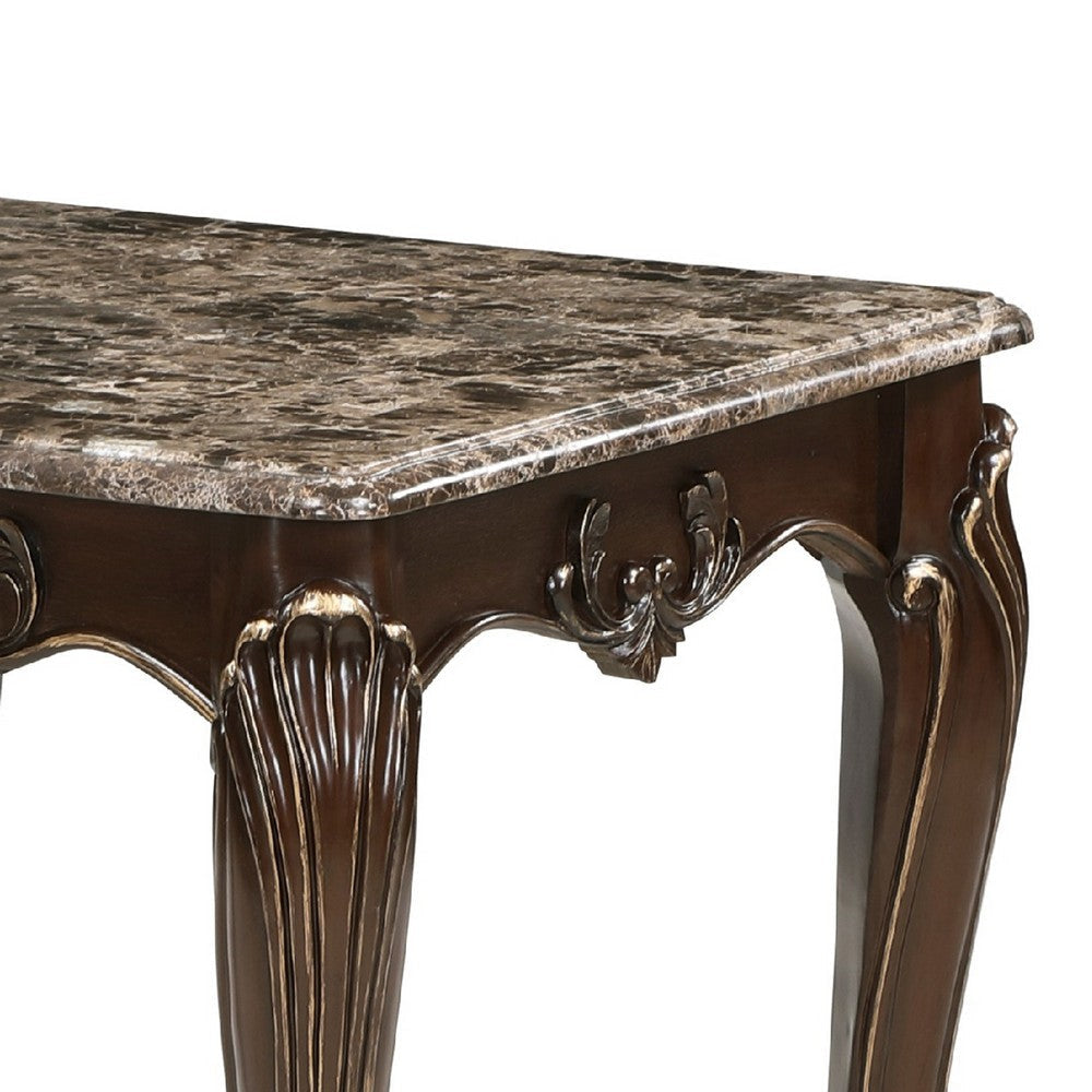 Hesar Side End Table | 28’’ Marble | Cherry Brown Wood Cabriole Legs BM335954