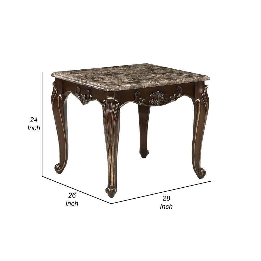 Hesar Side End Table | 28’’ Marble | Cherry Brown Wood Cabriole Legs BM335954