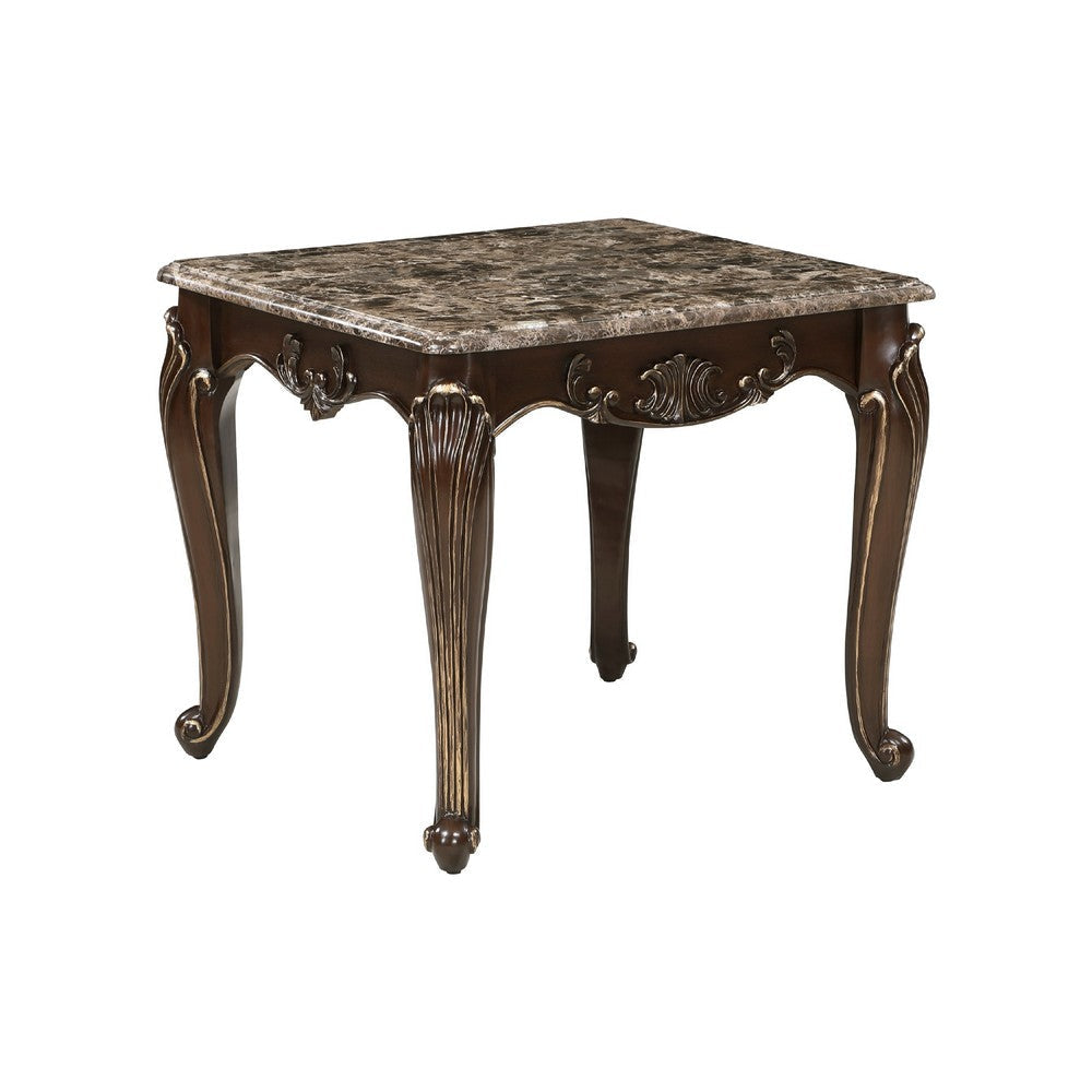 Hesar Side End Table | 28" Marble | Cherry Brown Wood Cabriole Legs