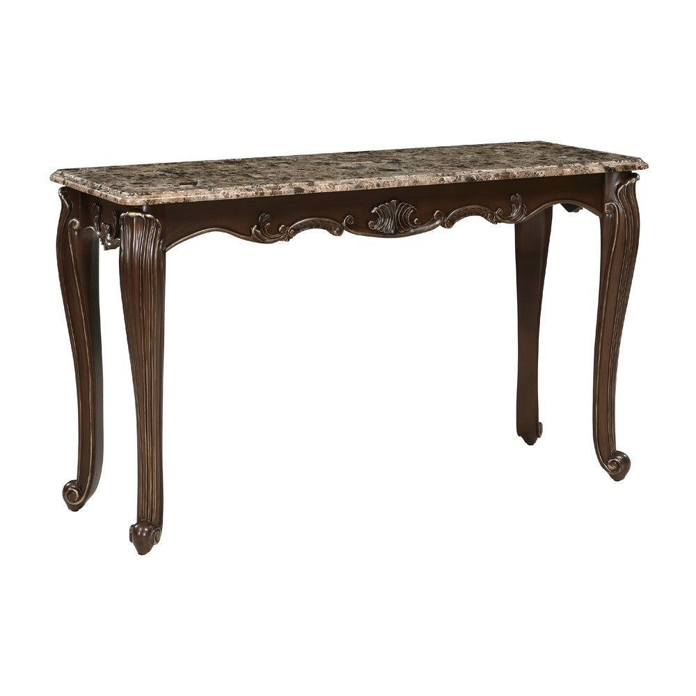Hesar Sofa Console Table | 53" Marble | Cherry Brown Wood | Cabriole