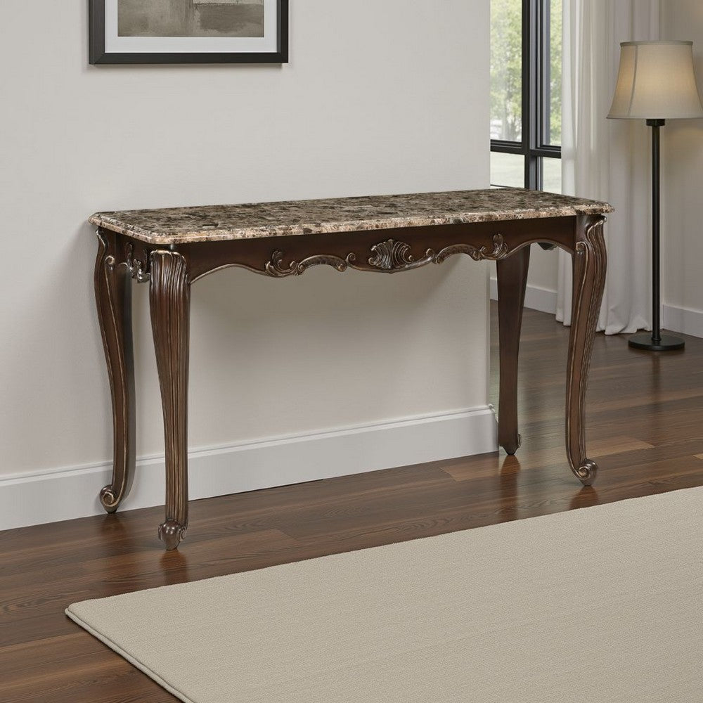 Hesar Sofa Console Table | 53" Marble | Cherry Brown Wood | Cabriole