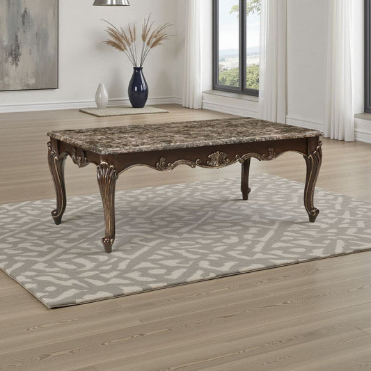 Hesar Coffee Table | 51" Marble Top | Cherry Brown | Cabriole Legs