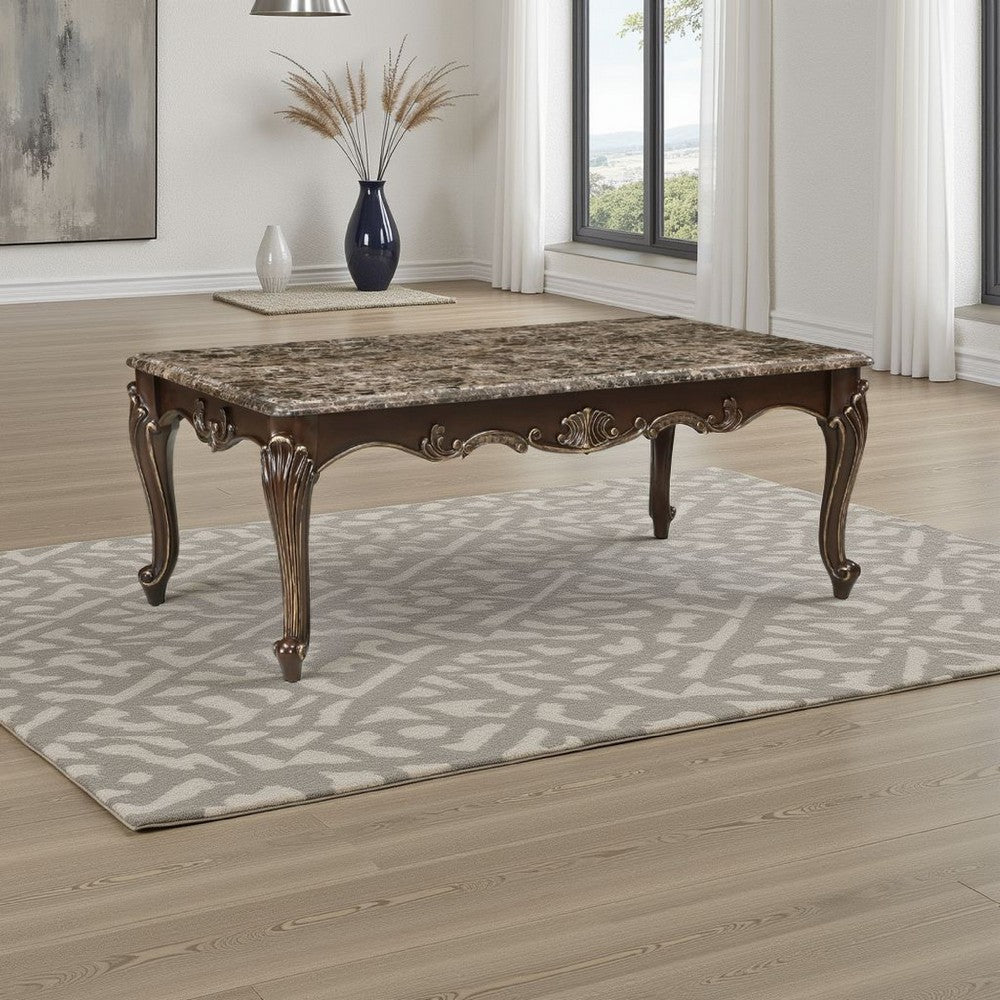 Hesar Coffee Table | 51" Marble Top | Cherry Brown | Cabriole Legs