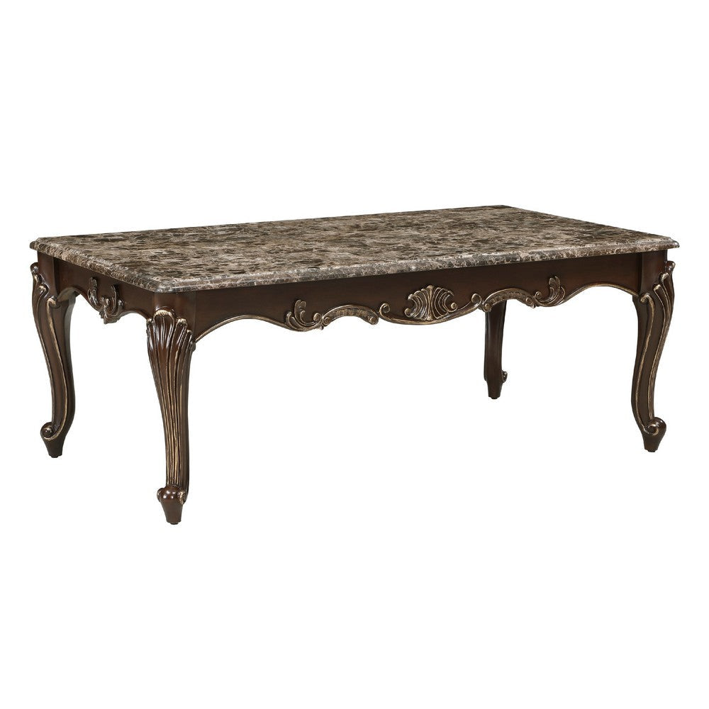 Hesar Coffee Table | 51" Marble Top | Cherry Brown | Cabriole Legs