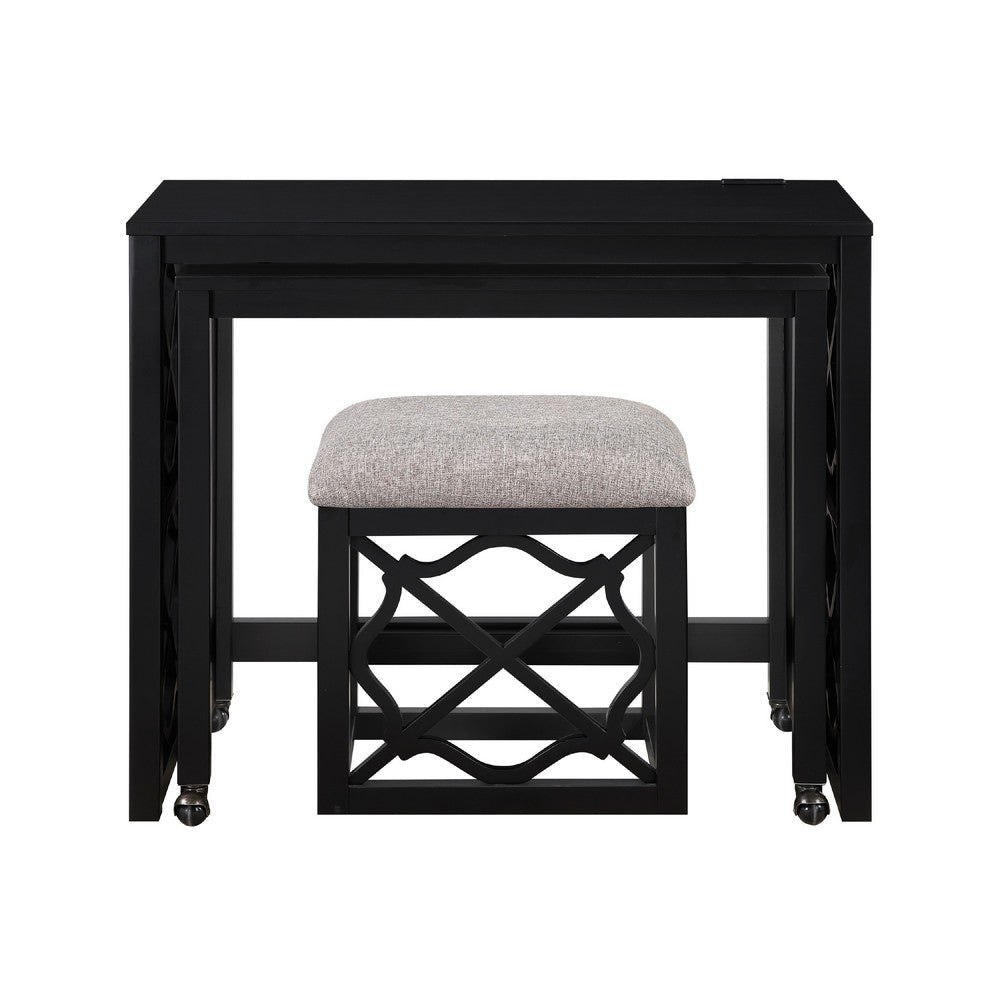 Syna 3 Piece Nesting Desk and Stool Set | Black Wood | Gray Polyester
