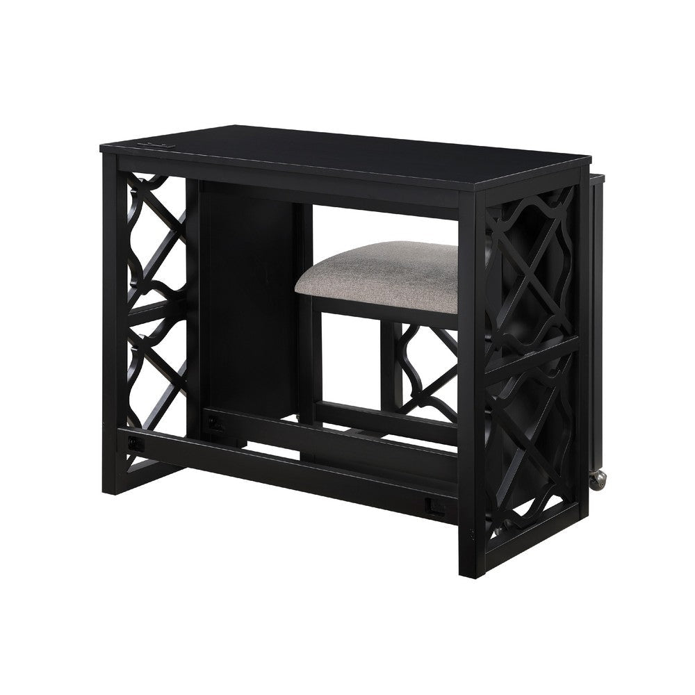 Syna 3 Piece Nesting Desk and Stool Set | Black Wood | Gray Polyester