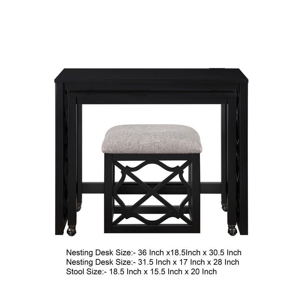Syna 3 Piece Nesting Desk and Stool Set | Black Wood | Gray Polyester