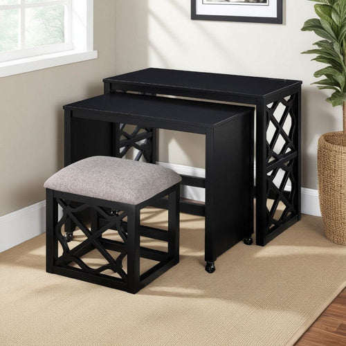 Syna 3 Piece Nesting Desk and Stool Set | Black Wood | Gray Polyester