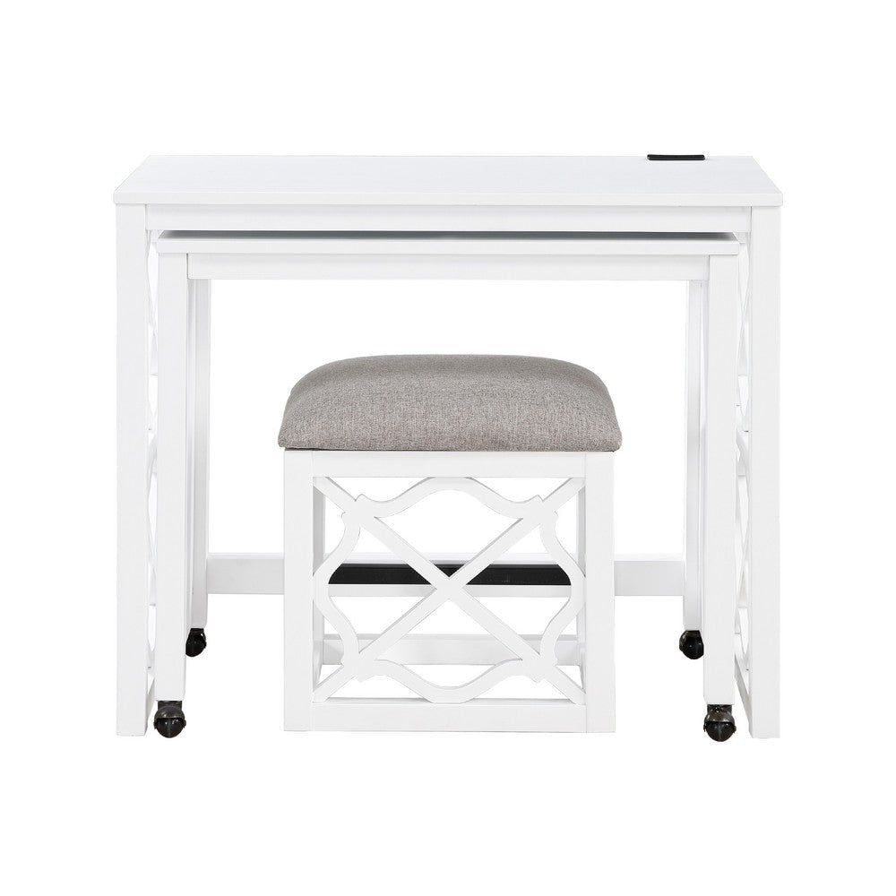 Syna 3 Piece Nesting Desk and Stool Set | White Wood | Gray Polyester