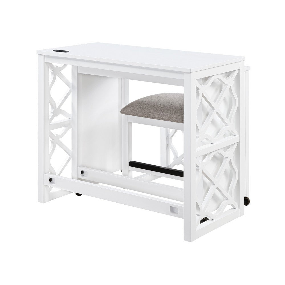 Syna 3 Piece Nesting Desk and Stool Set | White Wood | Gray Polyester