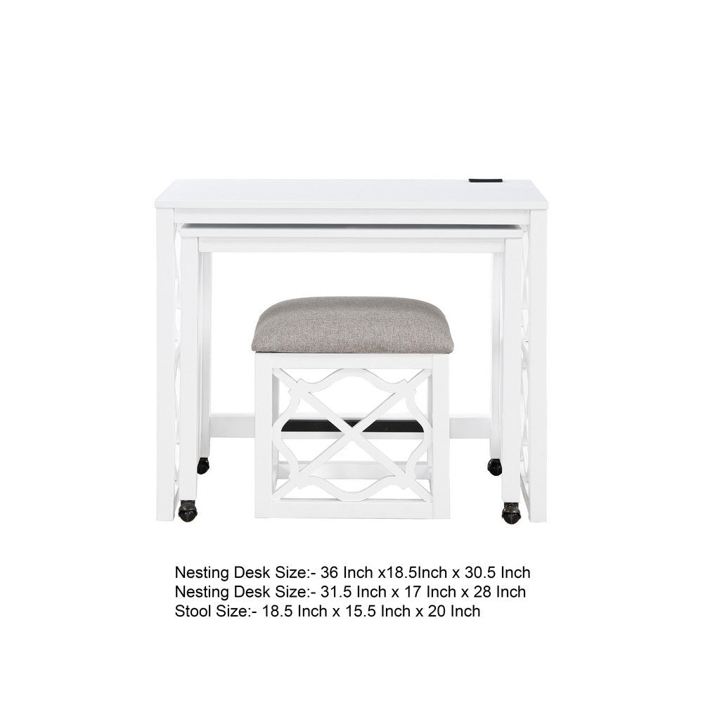 Syna 3 Piece Nesting Desk and Stool Set | White Wood | Gray Polyester