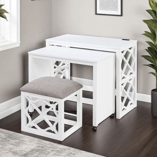 Syna 3 Piece Nesting Desk and Stool Set | White Wood | Gray Polyester