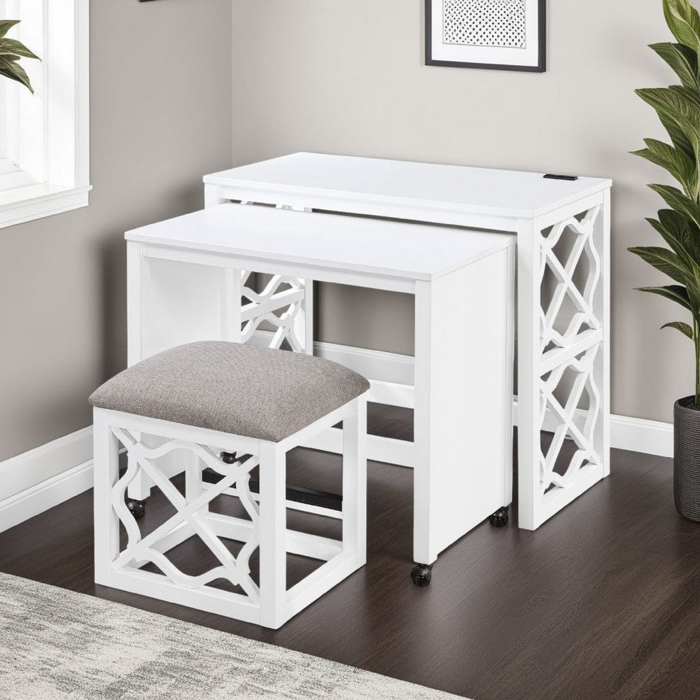 Syna 3 Piece Nesting Desk and Stool Set | White Wood | Gray Polyester