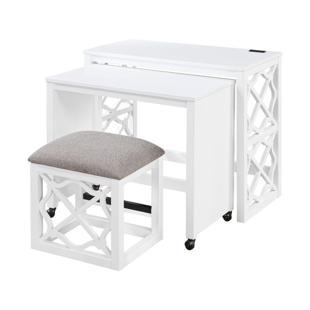 Syna 3 Piece Nesting Desk and Stool Set | White Wood | Gray Polyester