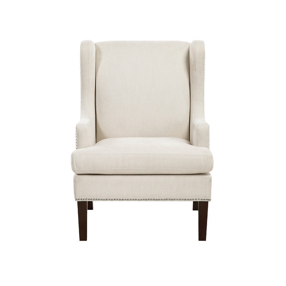 Rossana Accent Wing Armchair | Beige Polyester | Brown Wood | Nailhead BM335981