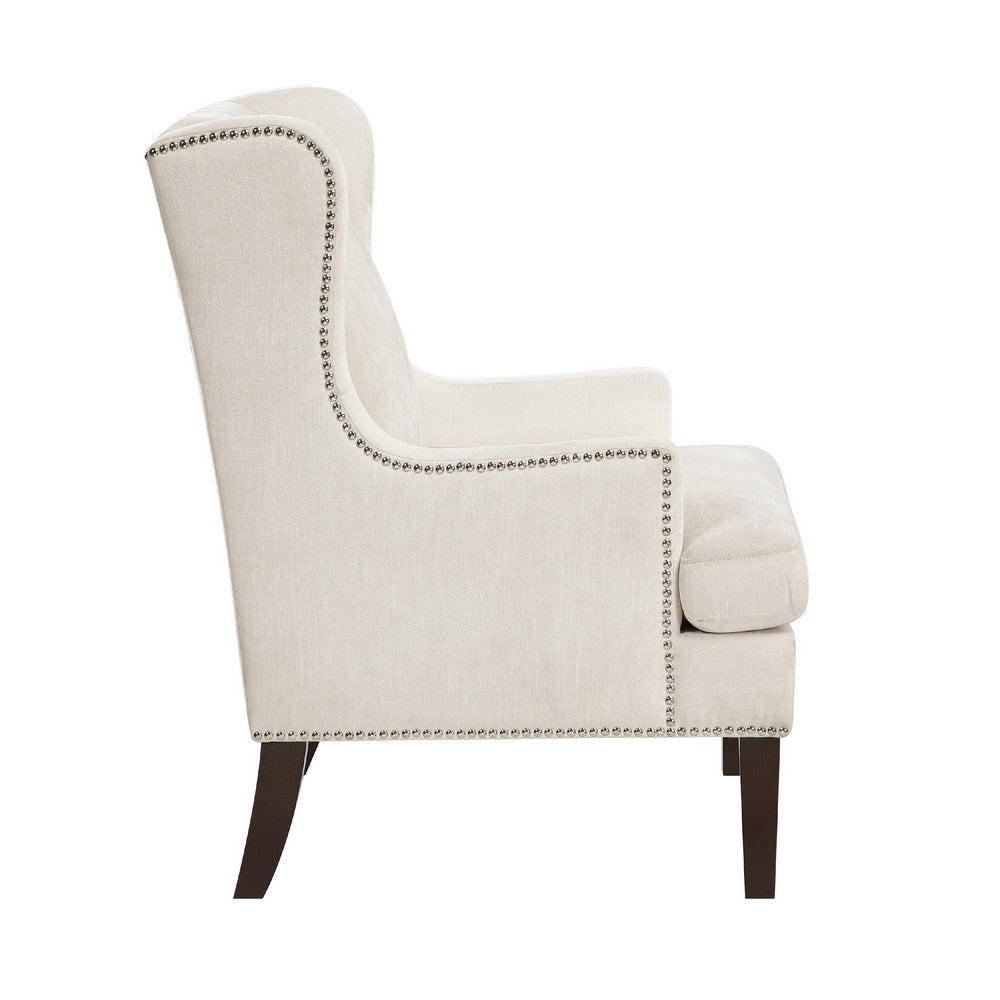 Rossana Accent Wing Armchair | Beige Polyester | Brown Wood | Nailhead BM335981