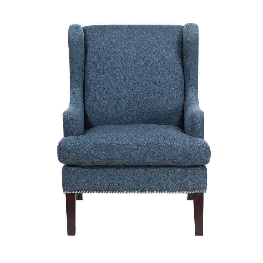 Rossana Accent Wing Armchair | Blue Polyester | Brown Wood | Nailhead BM335982