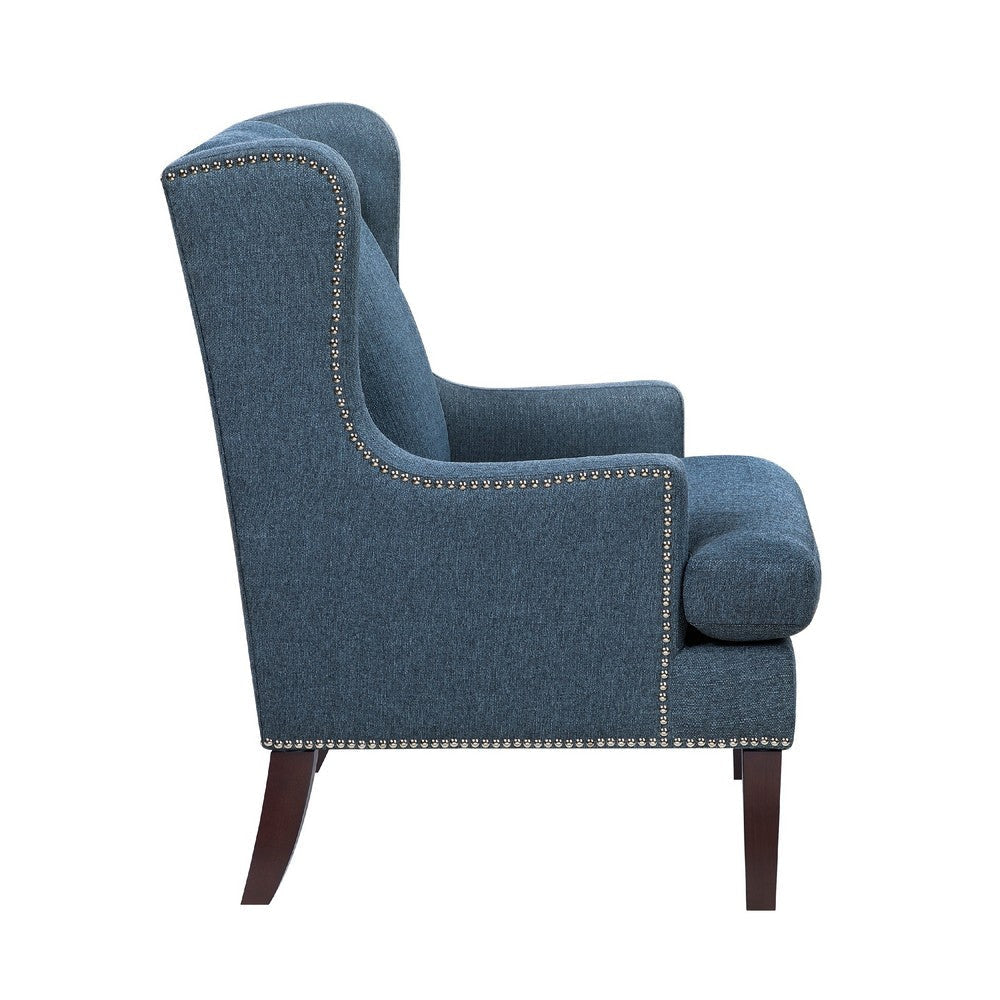 Rossana Accent Wing Armchair | Blue Polyester | Brown Wood | Nailhead BM335982