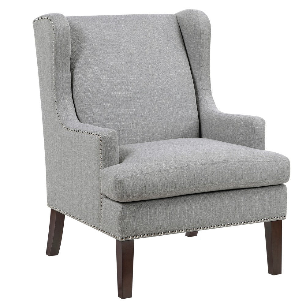 Rossana Accent Wing Armchair | Gray Polyester | Brown Wood | Nailhead