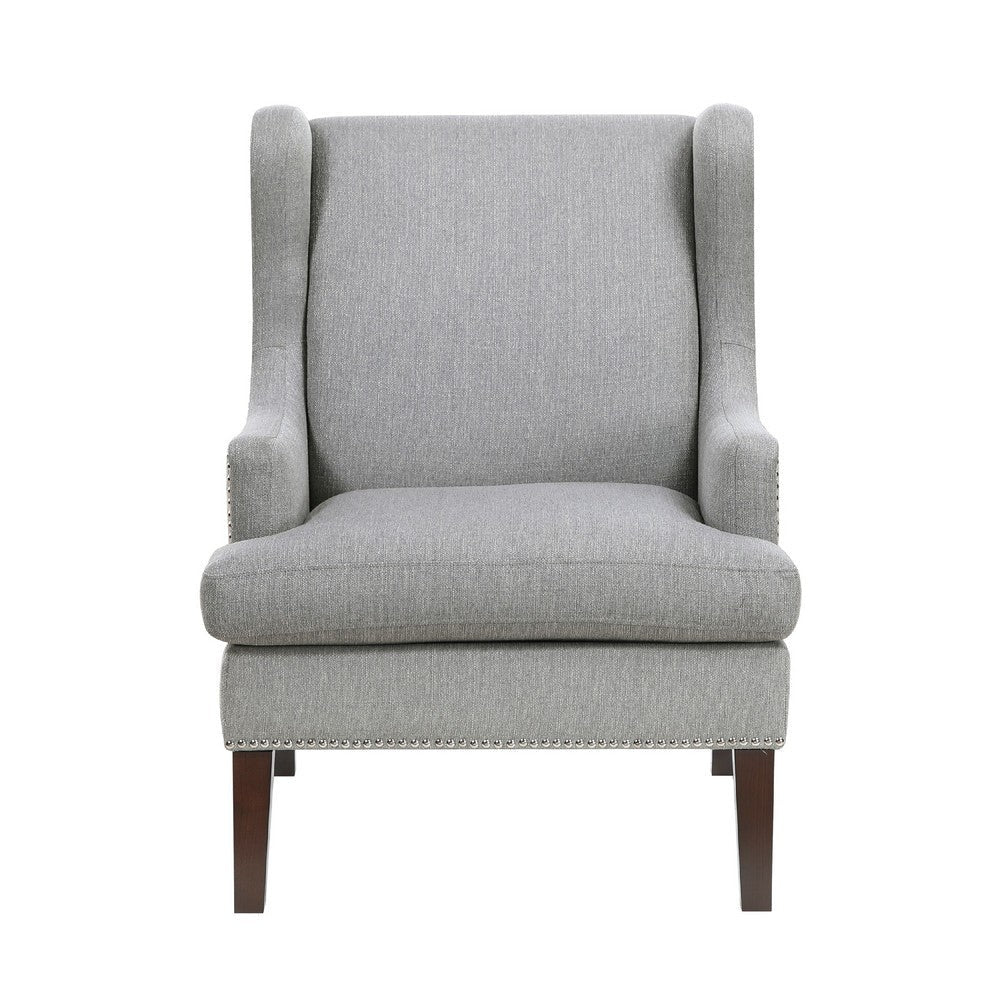 Rossana Accent Wing Armchair | Gray Polyester | Brown Wood | Nailhead BM335983